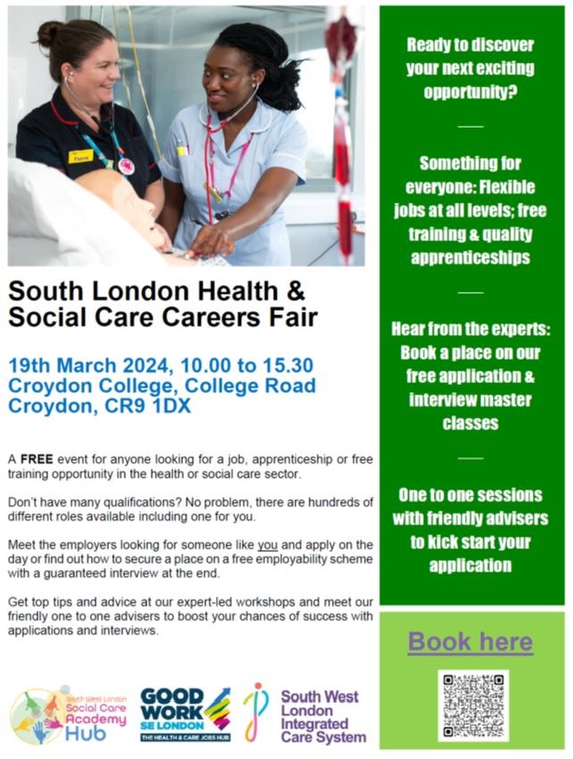 South London Health & Social Care Careers Fair - 19th March 2024, 10.00 to 15.30